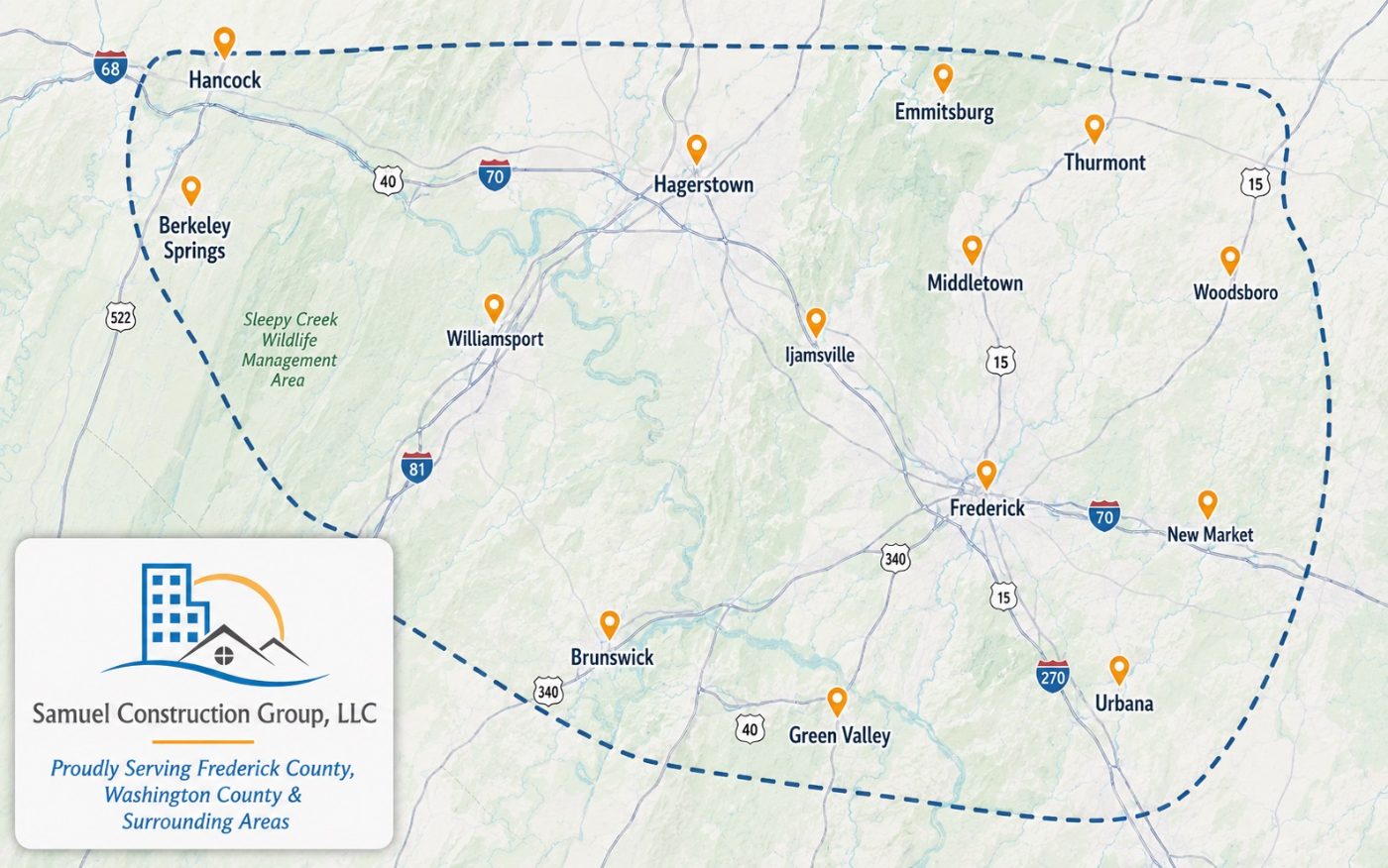 Map of our service area covering Frederick County, MD and surrounding regions